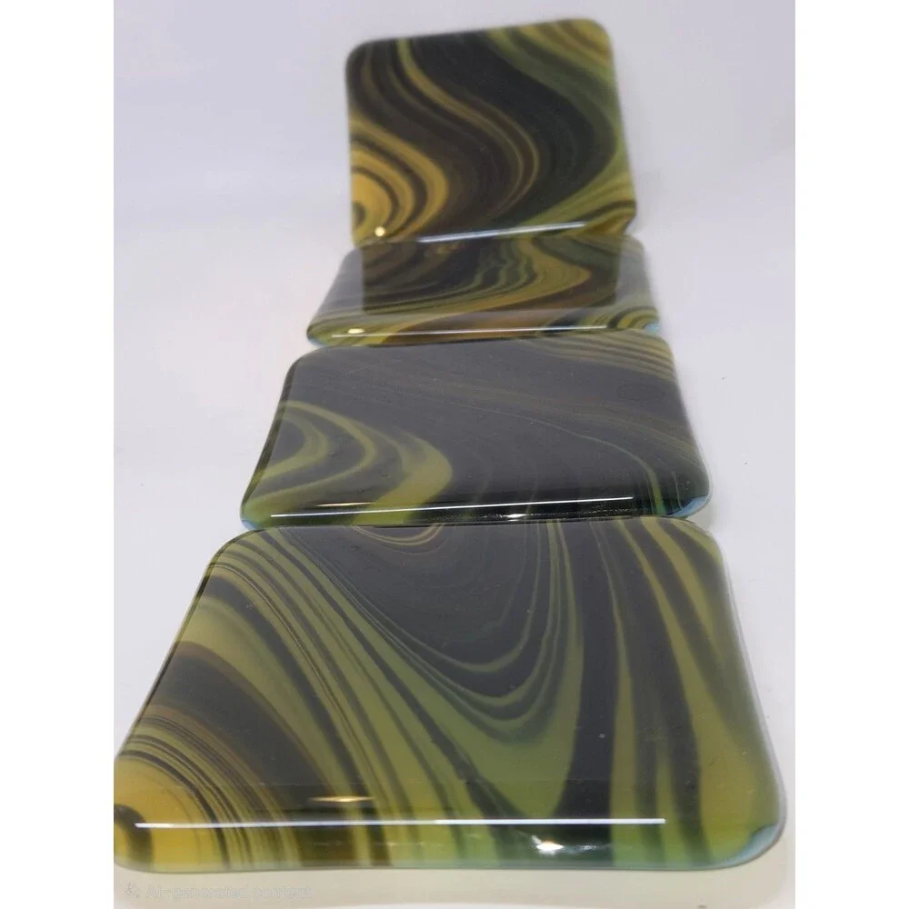Handmade Fused Art Glass Coasters Set 4 Green Gold Tiger Eye Swirl 4x4 Square